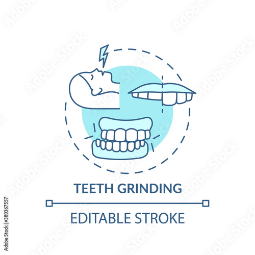 Teeth grinding turquoise concept icon. Dental problem. Orthodontic care. Healthcare issue. Sleep disorder cause idea thin line illustration. Vector isolated outline RGB color drawing. Editable stroke