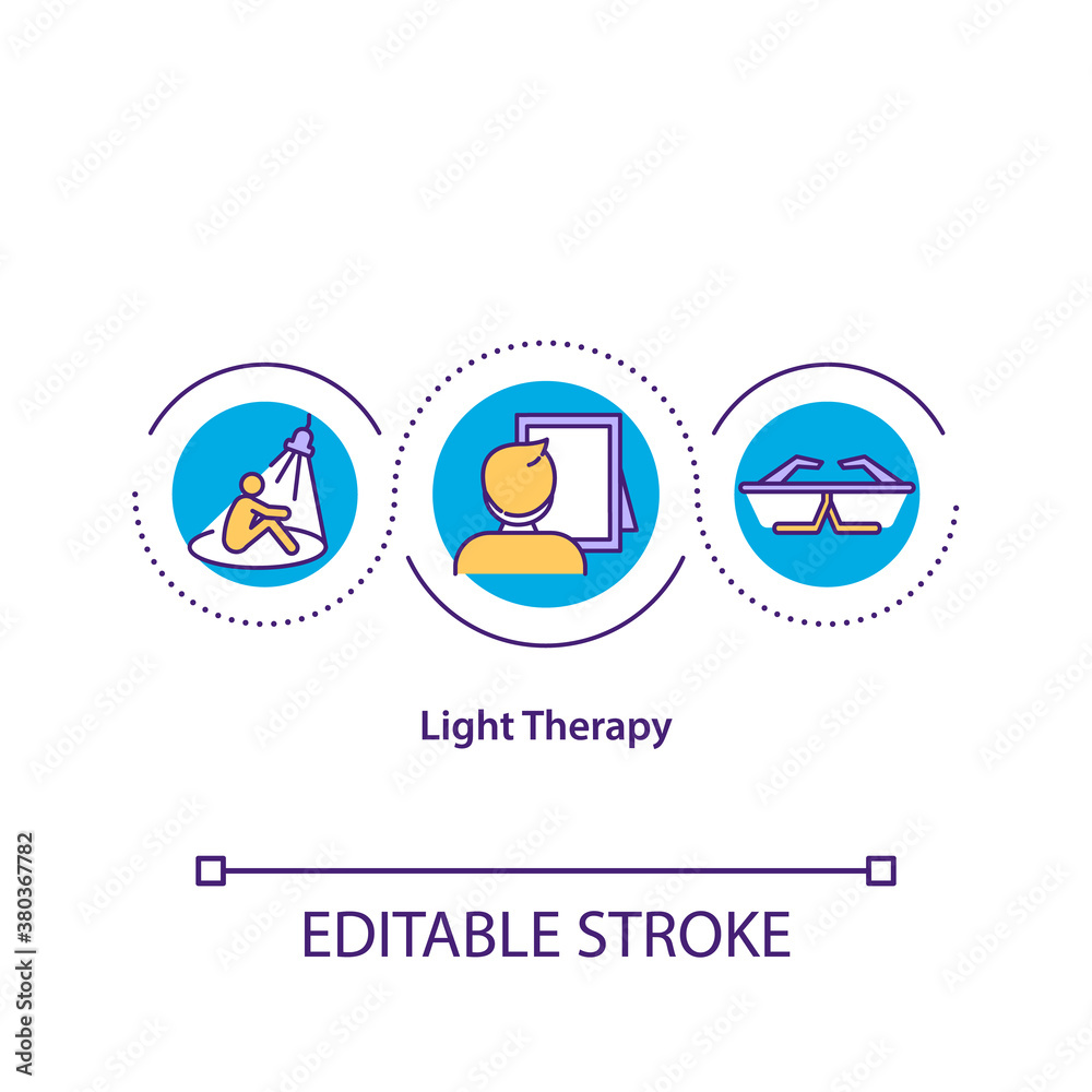 Light therapy concept icon. Alternative medicine idea thin line illustration. Insomnia, seasonal affective disorder and depression treatment. Vector isolated outline RGB color drawing. Editable stroke Light therapy concept icon. Alternative medicine idea thin line illustration. Insomnia, seasonal affective disorder and depression treatment. Vector isolated outline RGB color drawing. Editable stroke