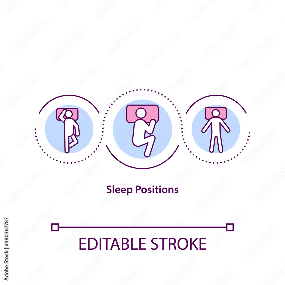 Sleep positions concept icon. Healthy rest, insomnia prevention and treatment idea thin line illustration. Different nap poses. Vector isolated outline RGB color drawing. Editable stroke Sleep positions concept icon. Healthy rest, insomnia prevention and treatment idea thin line illustration. Different nap poses. Vector isolated outline RGB color drawing. Editable stroke