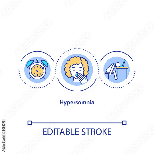 Hypersomnia concept icon. Sleep disorder, narcolepsy idea thin line illustration. Chronic weariness and fatigue. Work overload, burnout. Vector isolated outline RGB color drawing. Editable stroke
