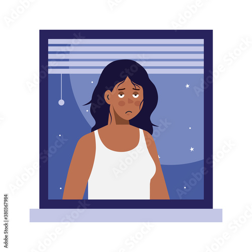 woman cartoon with insomnia in window design, sleep and night theme Vector illustration