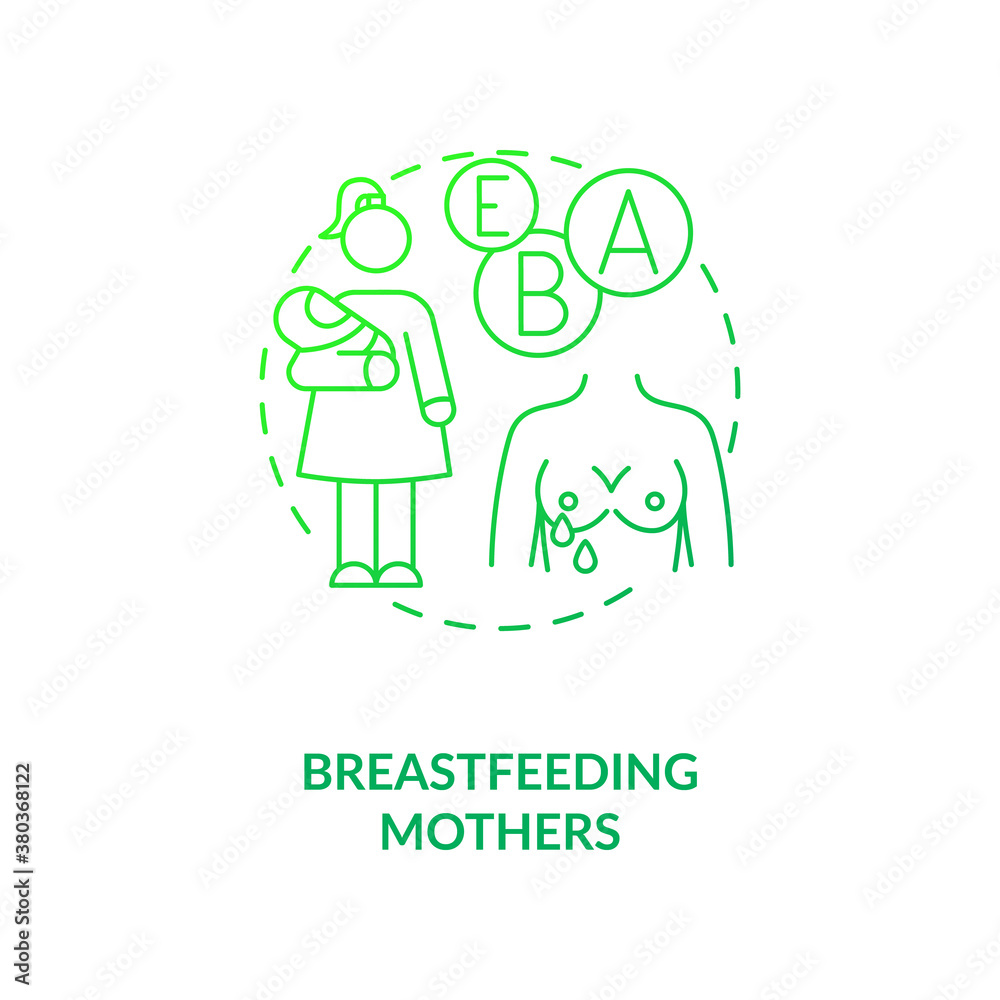 Breastfeeding mothers concept icon. People in supplements need idea thin line illustration. Vegan mother. Breastfeeding multivitamin. Riboflavin deficiency. Vector isolated outline RGB color drawing.