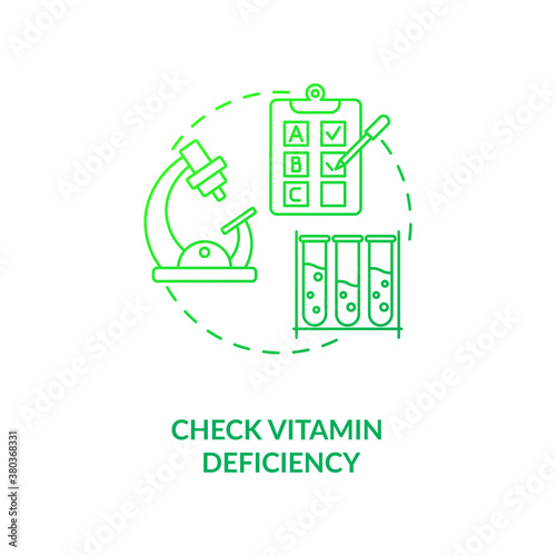 Check vitamin deficiency concept icon. Adequate vitamins intake idea thin line illustration. Vitamin-deficient. Laboratory testing. Normal body function. Vector isolated outline RGB color drawing.