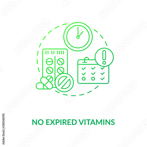 No expired vitamins concept icon. Adequate vitamins intake idea thin line illustration. Correct conditions. Nutritional supplement. Side effects. Vector isolated outline RGB color drawing. photo