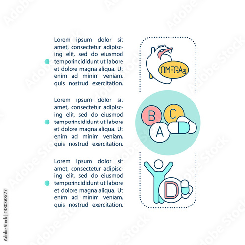 Vitamin supplements concept icon with text. Healthy body and skin. Omega 3 and vitamins D, A, B, C. PPT page vector template. Brochure, magazine, booklet design element with linear illustrations
