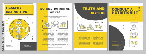 Healthy food and supplements brochure template. Vitamin nutrition. Flyer, booklet, leaflet print, cover design with linear icons. Vector layouts for magazines, annual reports, advertising posters