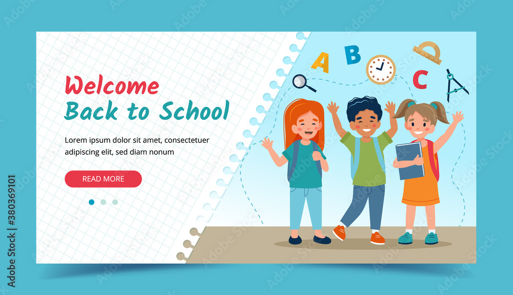 Happy kids, back to school concept. Banner or landing page template. illustration in flat style