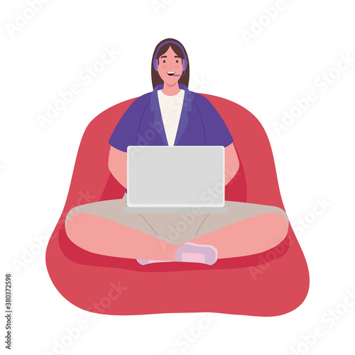 Woman cartoon with laptop working on puf design of Work from home theme Vector illustration