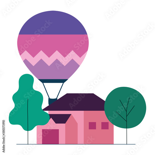 Hot air balloon pink house and trees design of Transportation adventure freedom journey travel up airship and trip theme Vector illustration