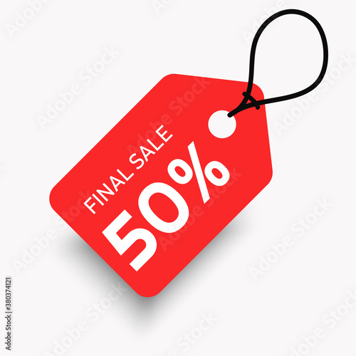 Simple standart red label 50% off with rope for shop, store and business. Sale label design template.