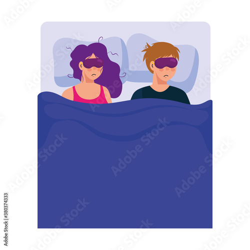 woman and man cartoons with insomnia masks in bed design, sleep and night theme Vector illustration