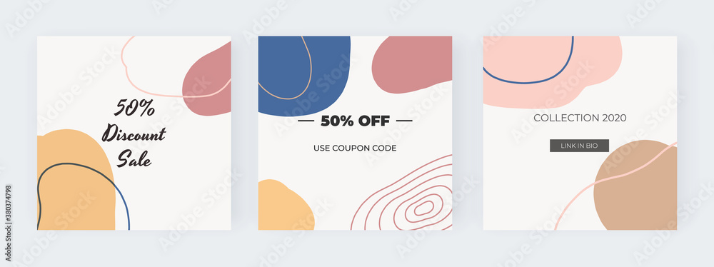 Social media banners with orange, blue freehand geometric shapes, lines
