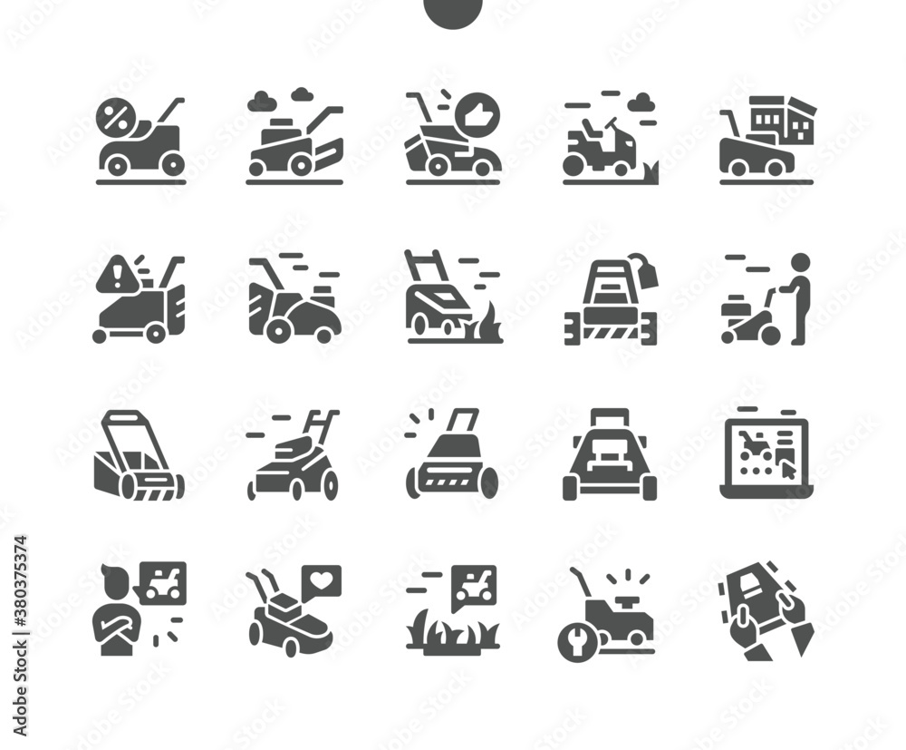 Lawn mover on grass. Machine for cutting lawns. Equipment for lawn and grass. Vector Solid Icons. Simple Pictogram Lawn mover on grass. Machine for cutting lawns. Equipment for lawn and grass. Vector Solid Icons. Simple Pictogram