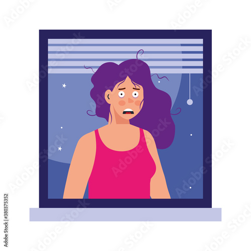 woman cartoon with insomnia in window design, sleep and night theme Vector illustration