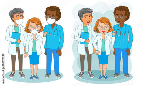 Team of medics different nationalities and skin colors. Vector illustration of medical people characters in white medical face mask. Stop Coronavirus 2019-nCoV concept.