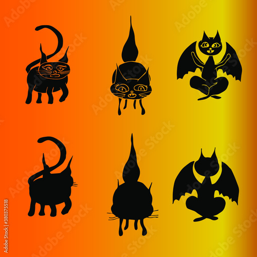 Happy Halloween, October 31, All Saints Day, festive animals, isolated drawings of funny cats, freehand icons in yoga vector, wings, meditation
