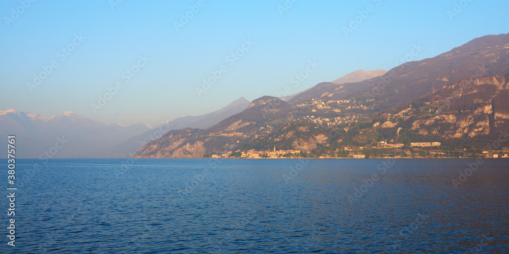 Panoramic view of Lake Como at sunset in Italy in the winter season.