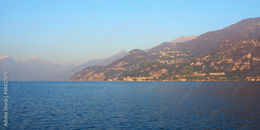 Fototapeta premium Panoramic view of Lake Como at sunset in Italy in the winter season.