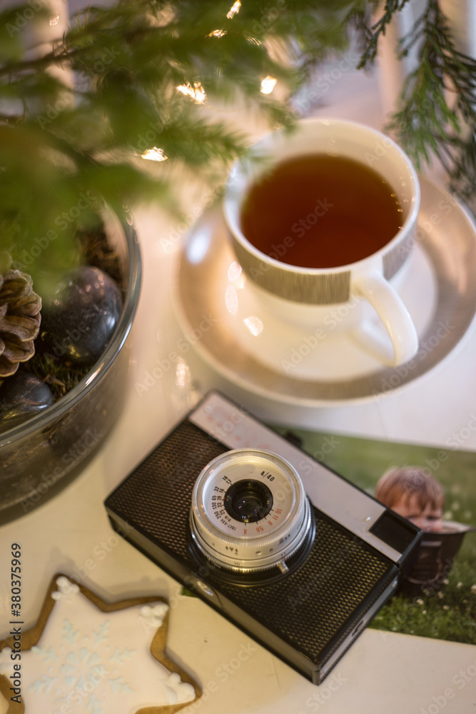 retro analog photo camera in Christmas scenery.