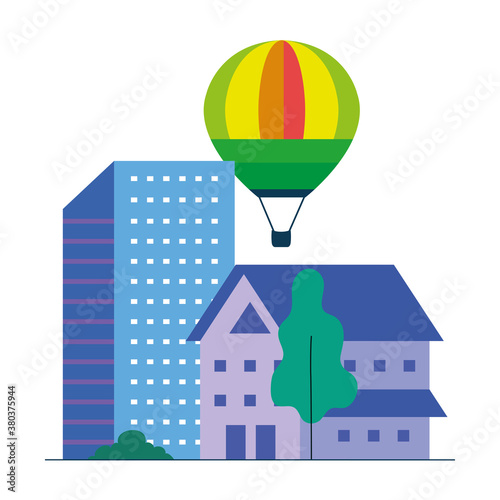 Hot air balloon house building and tree design of Transportation adventure freedom journey travel up airship and trip theme Vector illustration