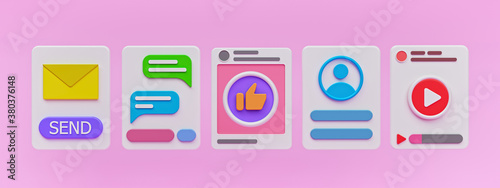 minimal social media apps interface. mail, chat, like, login page, video play icons on pastel pink background. trendy horizontal banner. 3d rendering