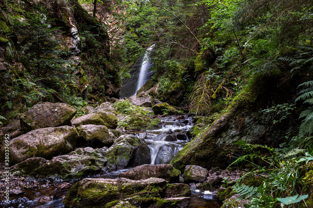 The Ravenna Gorge in the Black Forest is a narrow and steep side valley of the Hoellen Valley, mountain stream flows over many cascades and waterfalls The Ravenna Gorge in the Black Forest is a narrow and steep side valley of the Hoellen Valley, mountain stream flows over many cascades and waterfalls