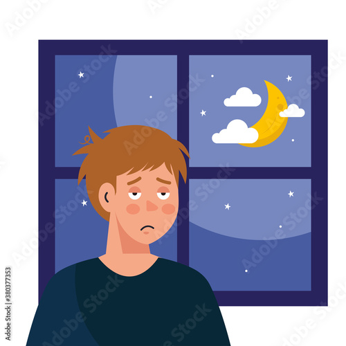 man cartoon with insomnia in front of window with moon design, sleep and night theme Vector illustration