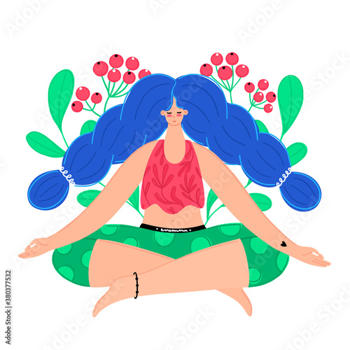 Meditating redhead woman. Concept of meditation. Girl with braids sits in the lotus position. Character design. Balance and harmony. Flat style. Banner, poster, advertising. Vector illustration, eps10