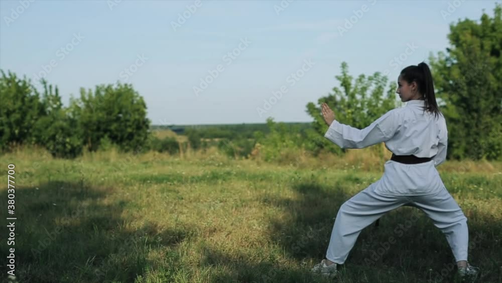 A young female athlete in a white kimono with a brown belt demonstrates karate techniques outdoors on a summer day. Close-up A young female athlete in a white kimono with a brown belt demonstrates karate techniques outdoors on a summer day. Close-up