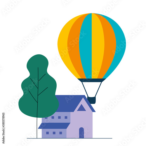 Hot air balloon house and tree design of Transportation adventure freedom journey travel up airship and trip theme Vector illustration