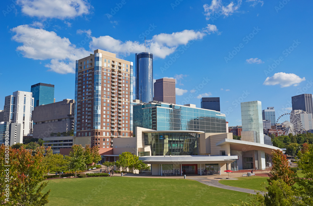 Skyline of the modern architecture in Atlanta, Georgia, USA in the Centennial Park