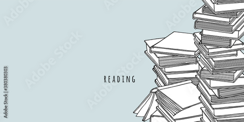 Horizontal background, banner, poster with books and empty space. Vector concept with hand drawn doodles. Literature, reading, library, education. Line art for a bookstore.