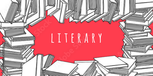 Horizontal background, banner, poster with books. Vector concept with linear hand drawn doodles. Literature, reading, library, education. Line art for a bookstore.