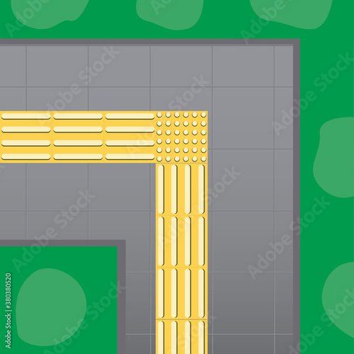 Tactile tile on sidewalk before turning as navigation for the blind, top view, flat vector stock illustration with sidewalk and navigation for the blind