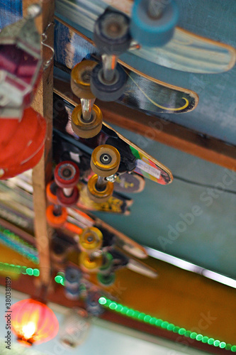 Row of skateboards in decor