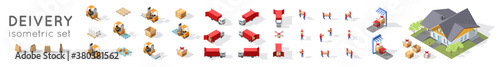 Isometric big set for delivering. Delivery service workers. Fast delivery van and unmanned drone in a modern big house. Forklift truck with wooden pallet and boxes with shadow, carton shopping bags