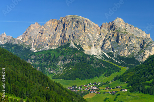 Mountain landscape along the road to Campolongo pass, Dolomites photo