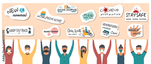 A group of people wearing masks to prevent disease carries a campaign banner. Protective mask Buy online, wash your hands, order online Work at home spaced out coronavirus vector illustration flat sty