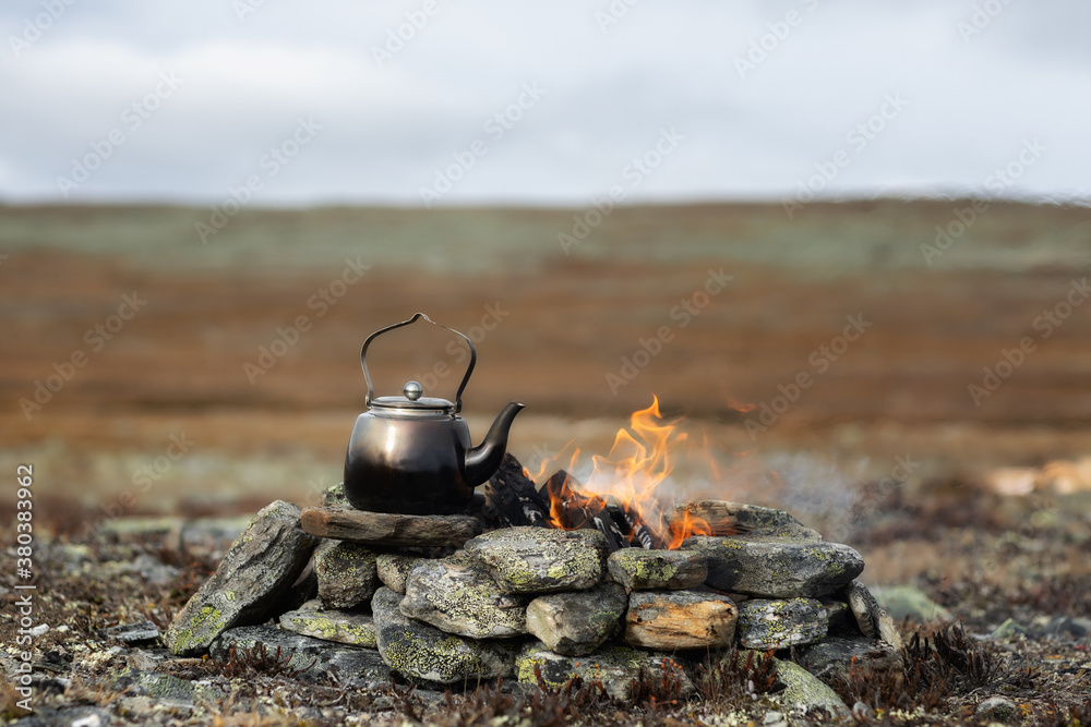 Camping kettle near camp fire. Camping place in wild. Wonderful atmospheric background of campfire. Beautiful flame of small magic bonfire. Lapland.
Camping kettle near camp fire. Camping place in wild. Wonderful atmospheric background of campfire. Beautiful flame of small magic bonfire. Lapland.