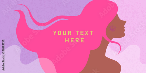 Pink banner with beautiful female silhouette with long hair and perfect body. Romantic Flyer, poster or web page for spa center, cosmetics shop, beauty industry, bodycare, women's health