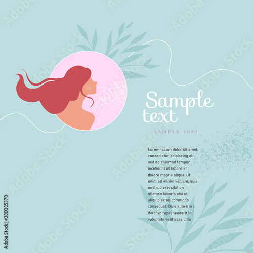 banner with beautiful female silhouette with long hair. Romantic Flyer, poster or web page for spa center, cosmetics shop, beauty industry, bodycare, women's health