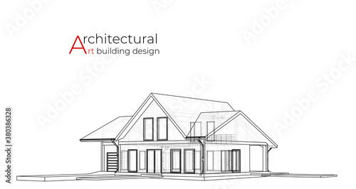 Modern house building vector. Architectural drawings illustration. 3D abstract futuristic design for business presentation. Sketch drowing