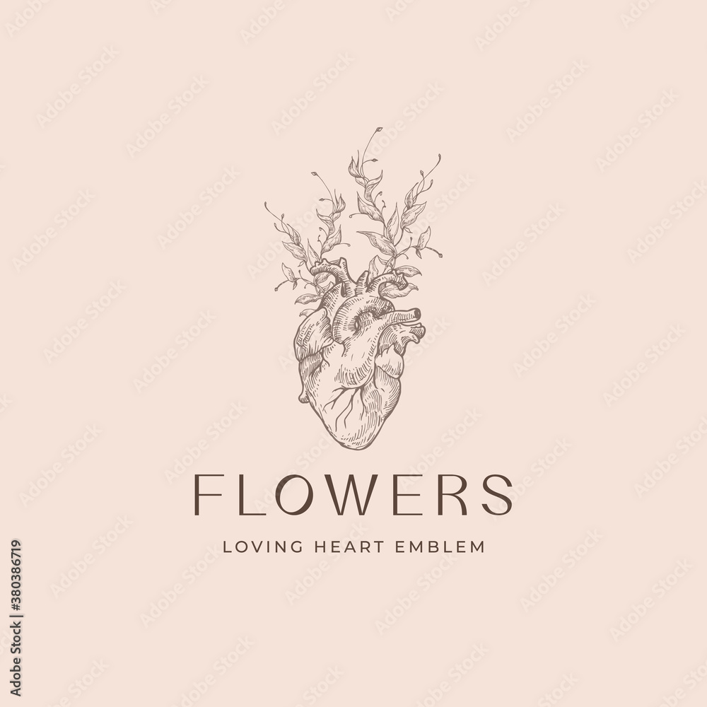 Abstract Vector Romantic Sign, Symbol or Logo Template. Anatomical Heart Sketch Illustration with Flowers Branches and Classy Typography. Premium Quality Holiday Decoration Card. Abstract Vector Romantic Sign, Symbol or Logo Template. Anatomical Heart Sketch Illustration with Flowers Branches and Classy Typography. Premium Quality Holiday Decoration Card.
