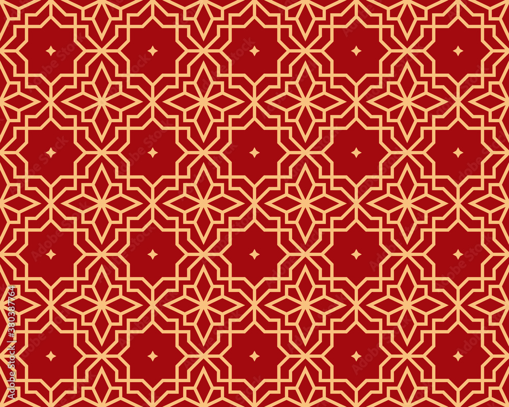 Abstract geometry pattern in Arabian style. Seamless vector background. Gold and red graphic ornament. Simple lattice graphic design