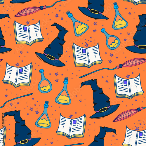 Halloween witchy vector seamless pattern with hat, spellbook and bottle of poison. Witchy background for halloween design. Witches magic and enchantment concept. EPS 8.