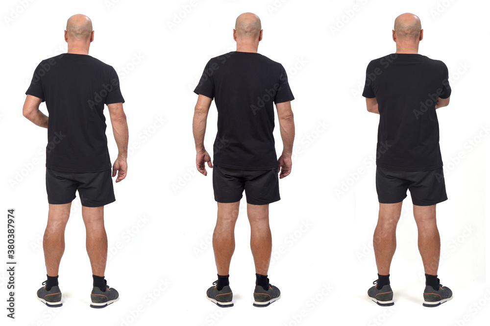 rear view of a same man wearing sports shirt and shorts, various poses on white background, rear view of a same man wearing sports shirt and shorts, various poses on white background,