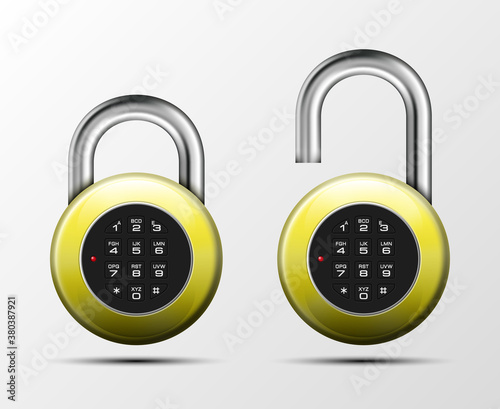 realistic open & close padlock. Steel Mechanical Combination lock. Privacy illustration Enter the PIN code. Electronic lock icon. Reliable Protection badge. Code combination open & close symbol