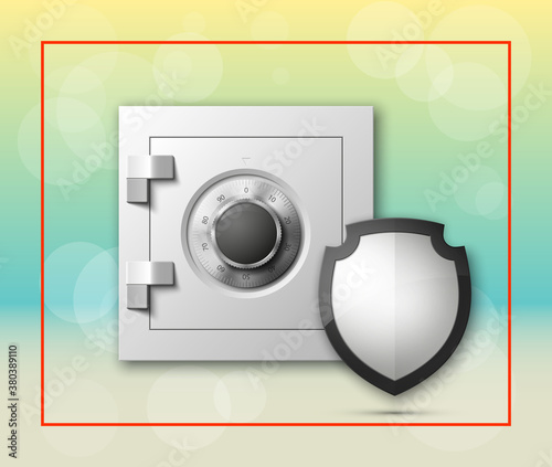 Protection shield strongbox. Safety badge banking. Defense safeguard shield finans icon. Security bank software. Financial shield guard. Privacy Electronic money funds transfer. Deposits investments