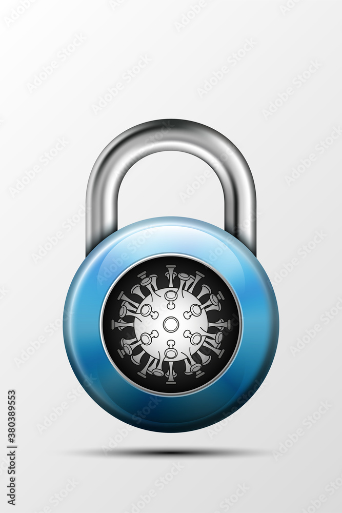 Realistic close round padlock with coronavirus pandemic SARS-Cov-2 icon on bacground. Steel Combination lock Coronavirus disease 2019 (COVID-19) illustration Realistic close round padlock with coronavirus pandemic SARS-Cov-2 icon on bacground. Steel Combination lock Coronavirus disease 2019 (COVID-19) illustration