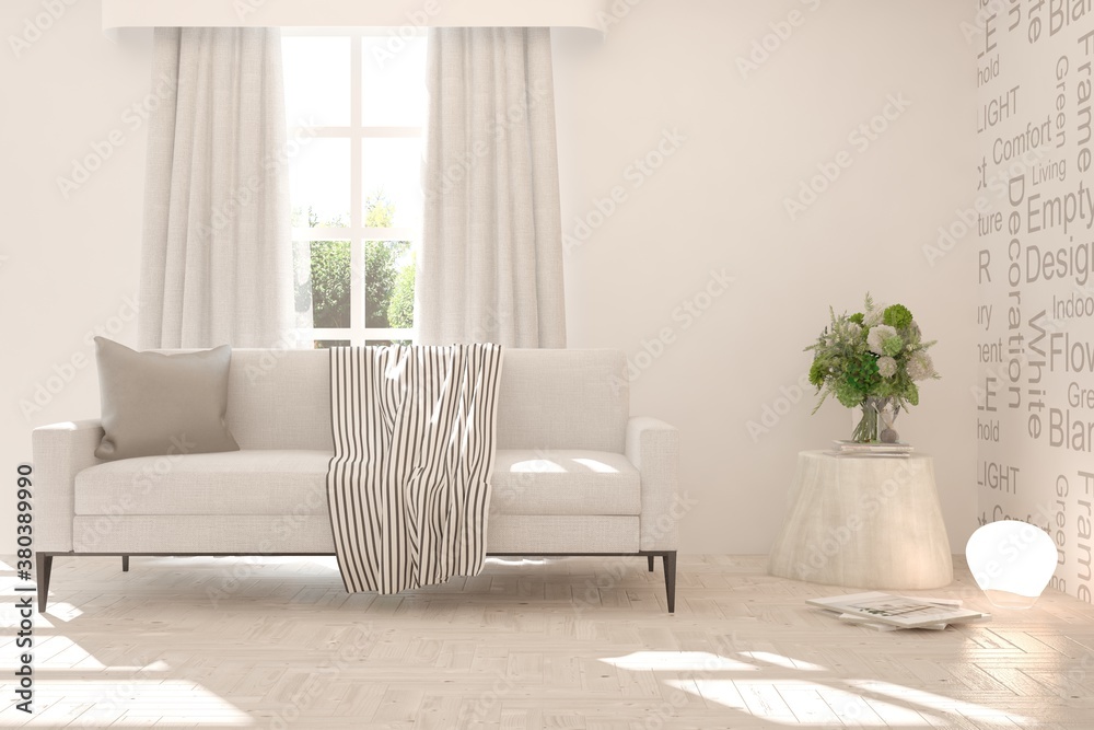 Fototapeta premium White living room with sofa. Scandinavian interior design. 3D illustration